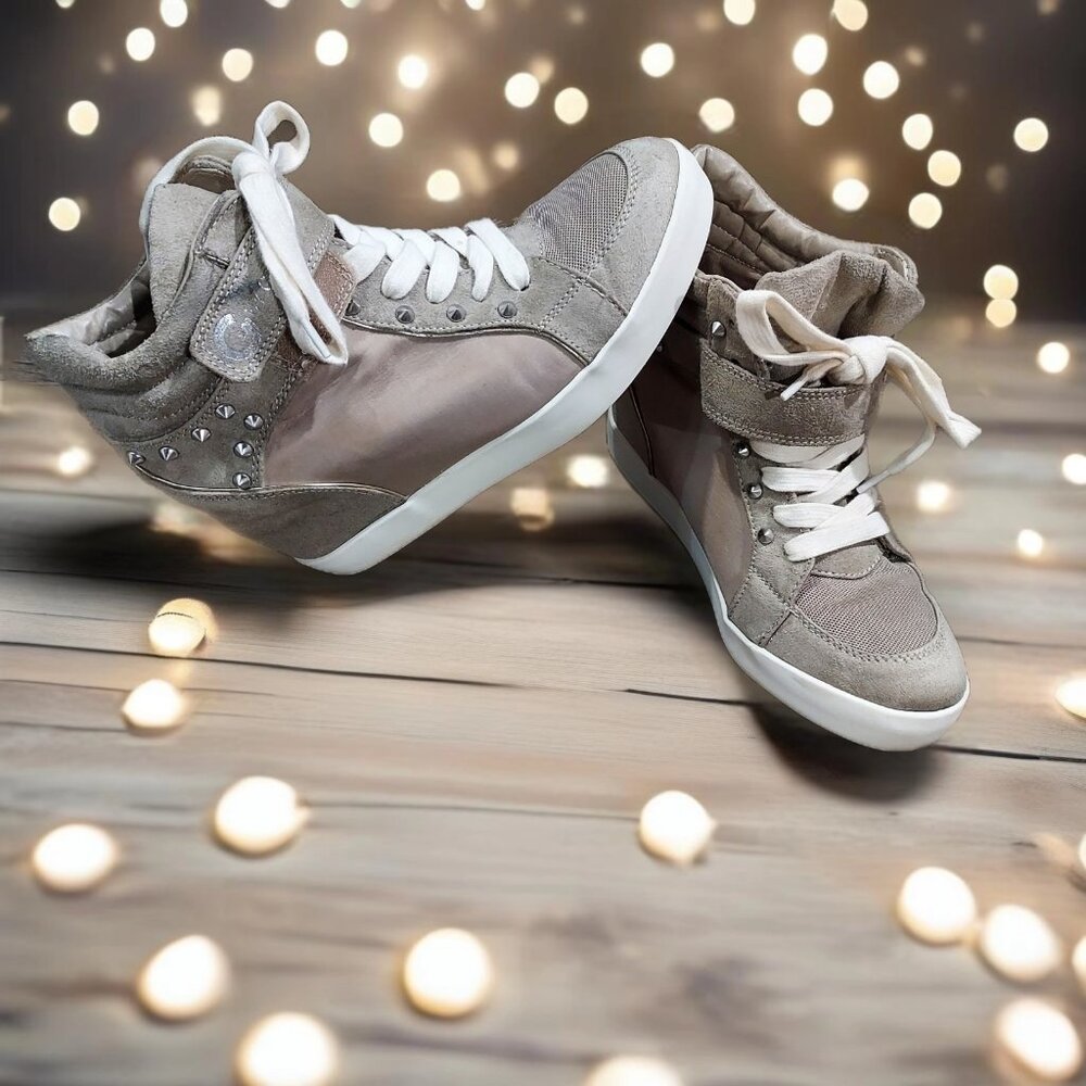 Guess PopstarSuede Canvas Shoe Sneaker Women USA 7.5 High Top Silver Spikes Lace
